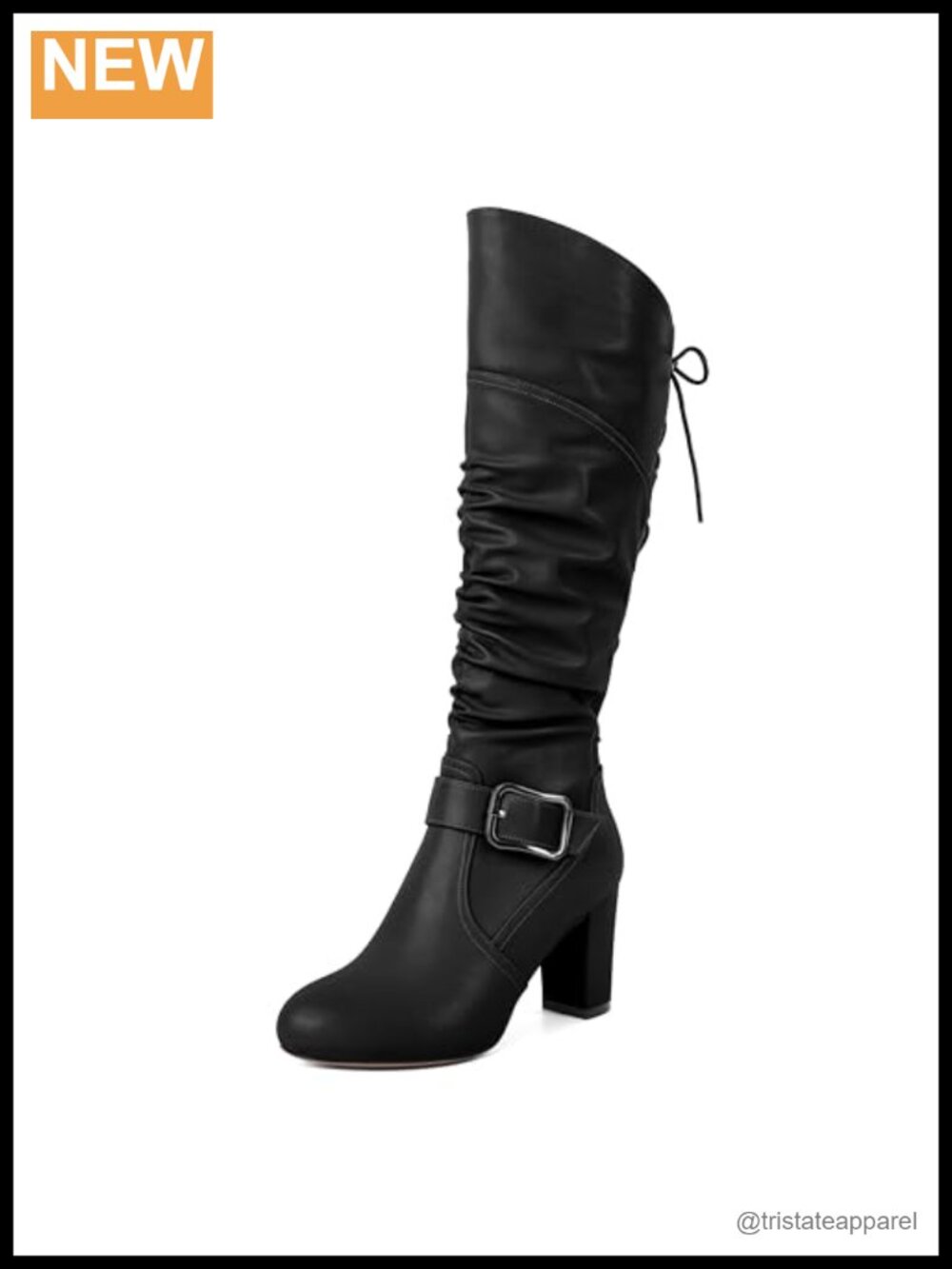 Slouchy Knee High Boots Round Toe Chunky Block Heel Side Zipper Buckle 3.5 Inch